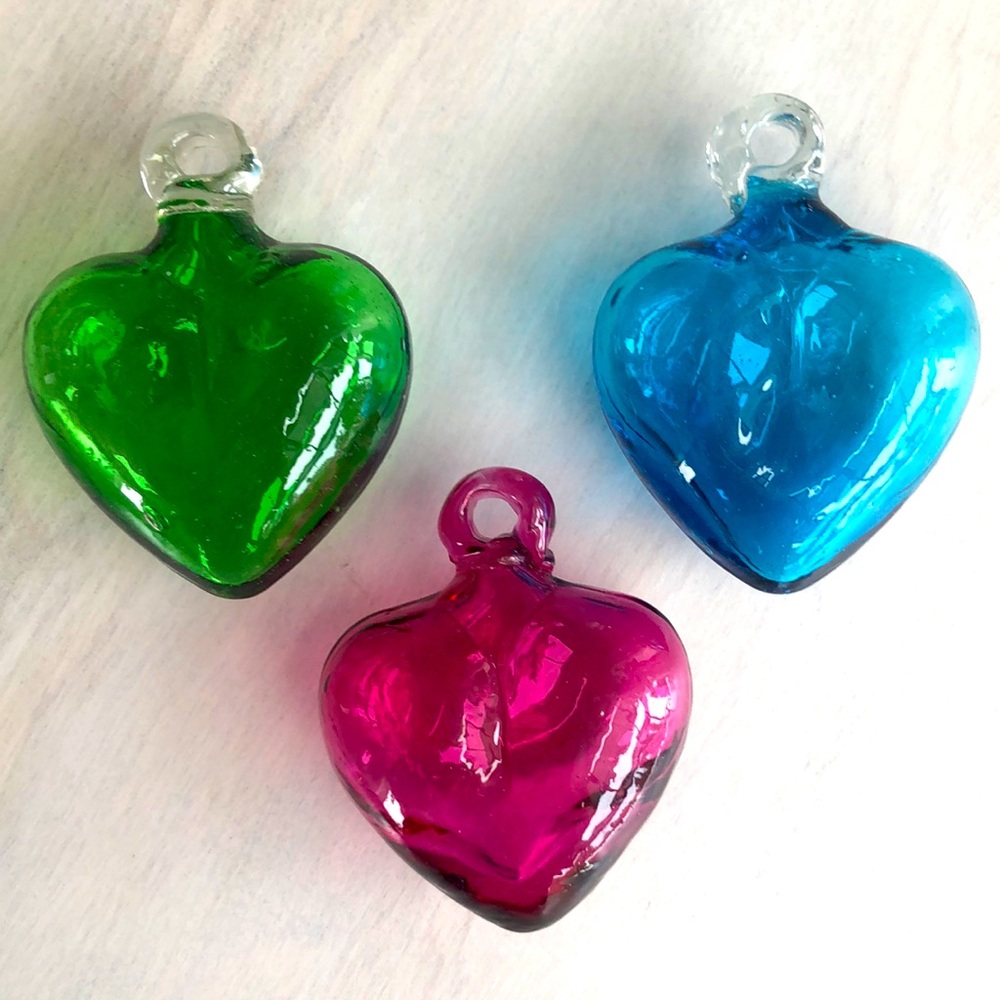3 HAND BLOWN GLASS HEART ORNAMENTS MADE IN MEXICO